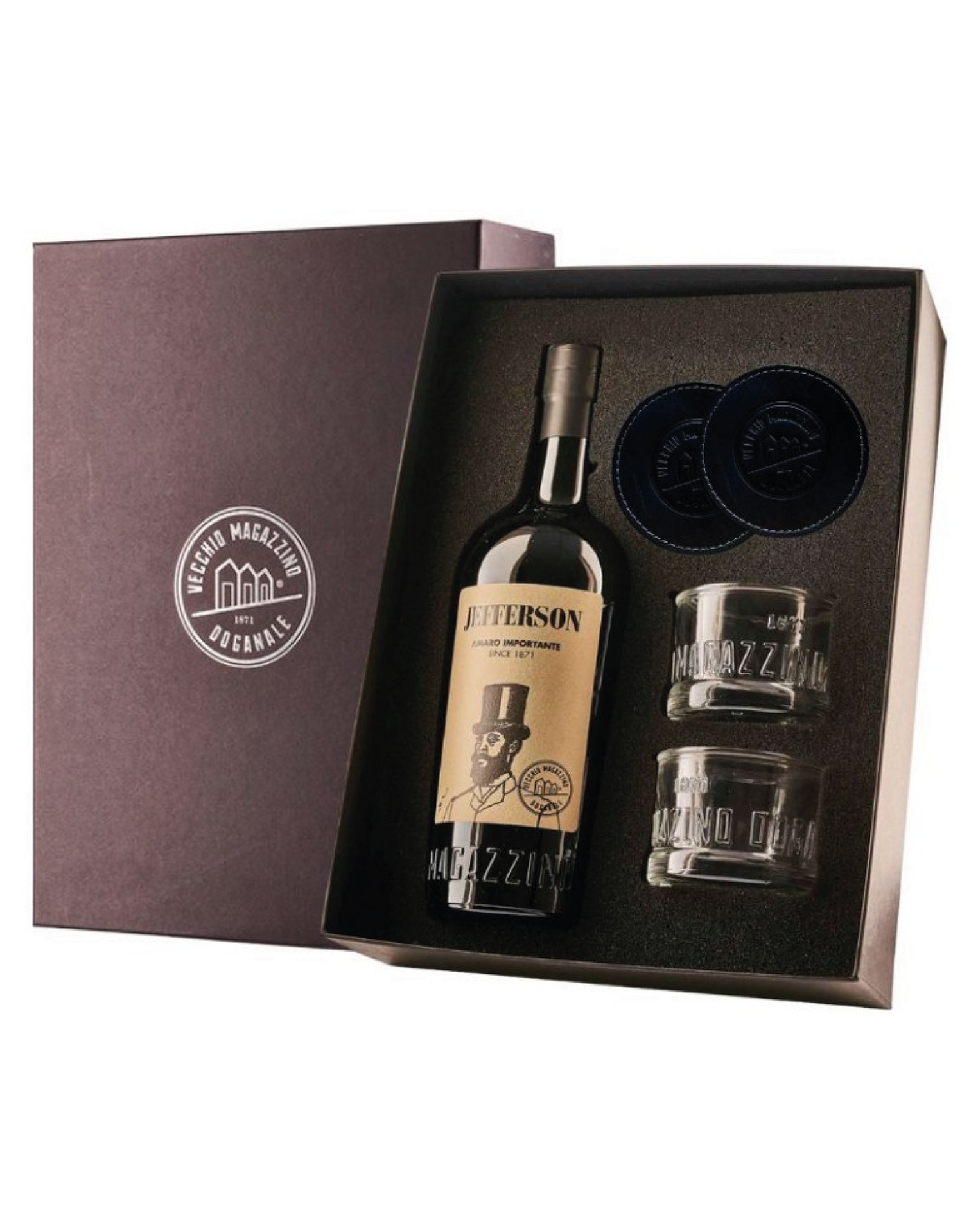 Amaro Jefferson Tailor Made Pack con 2 Bicchieri e 2 Sotto Bicchieri 70cl