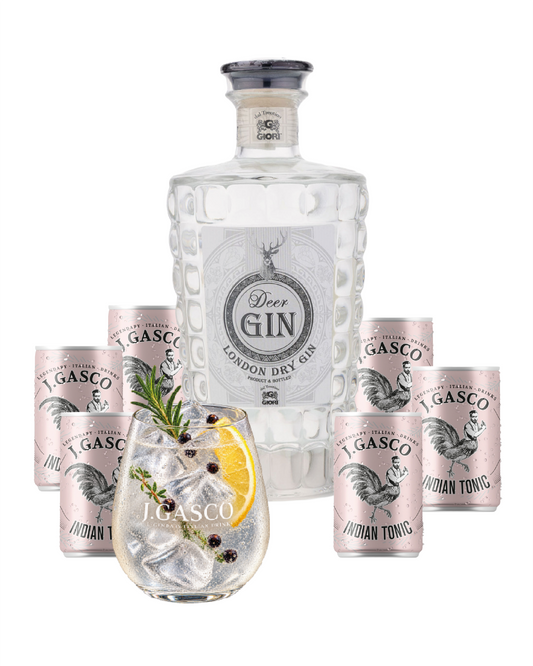 DEER GIN LONDON DRY 70cl + 6 lattine 15cl J.Gasco Indian Tonic omaggio + Bicchiere J.Gasco