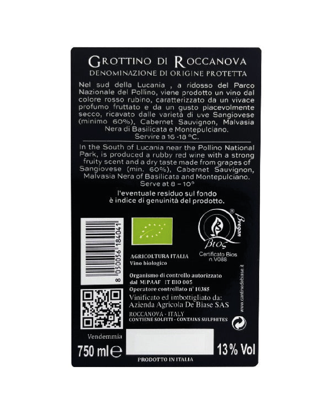 DE BIASE VINO ROSSO GROTTINO DI ROCCANOVA BIO 75cl