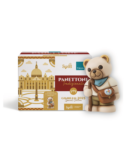Panettone Thun con statuina Teddy pellegrino in ceramica 750g - Giubileo 2025 Limited Edition