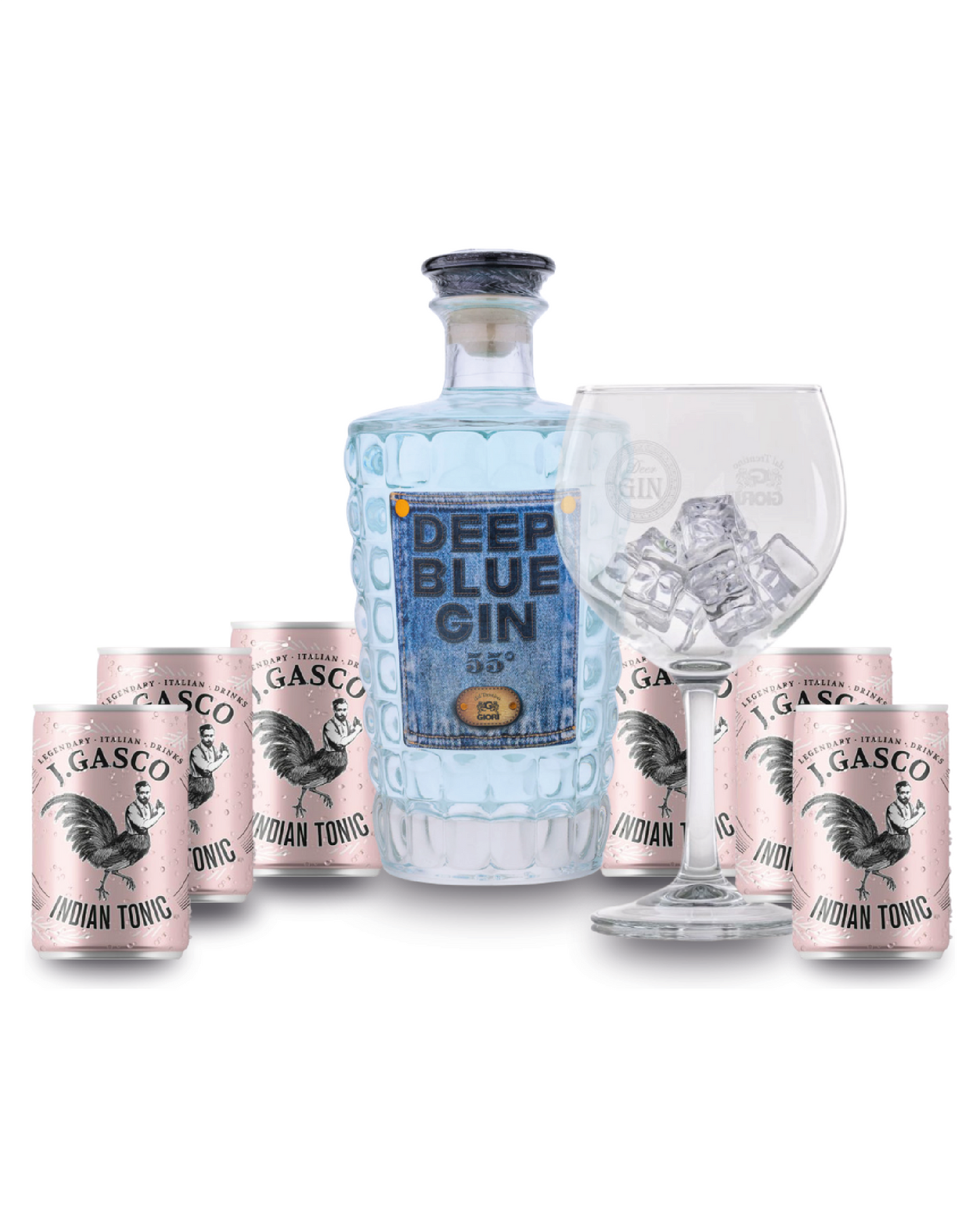 DEEP BLUE GIN 70cl + 6 lattine 15cl J.Gasco Indian Tonic omaggio + Calice