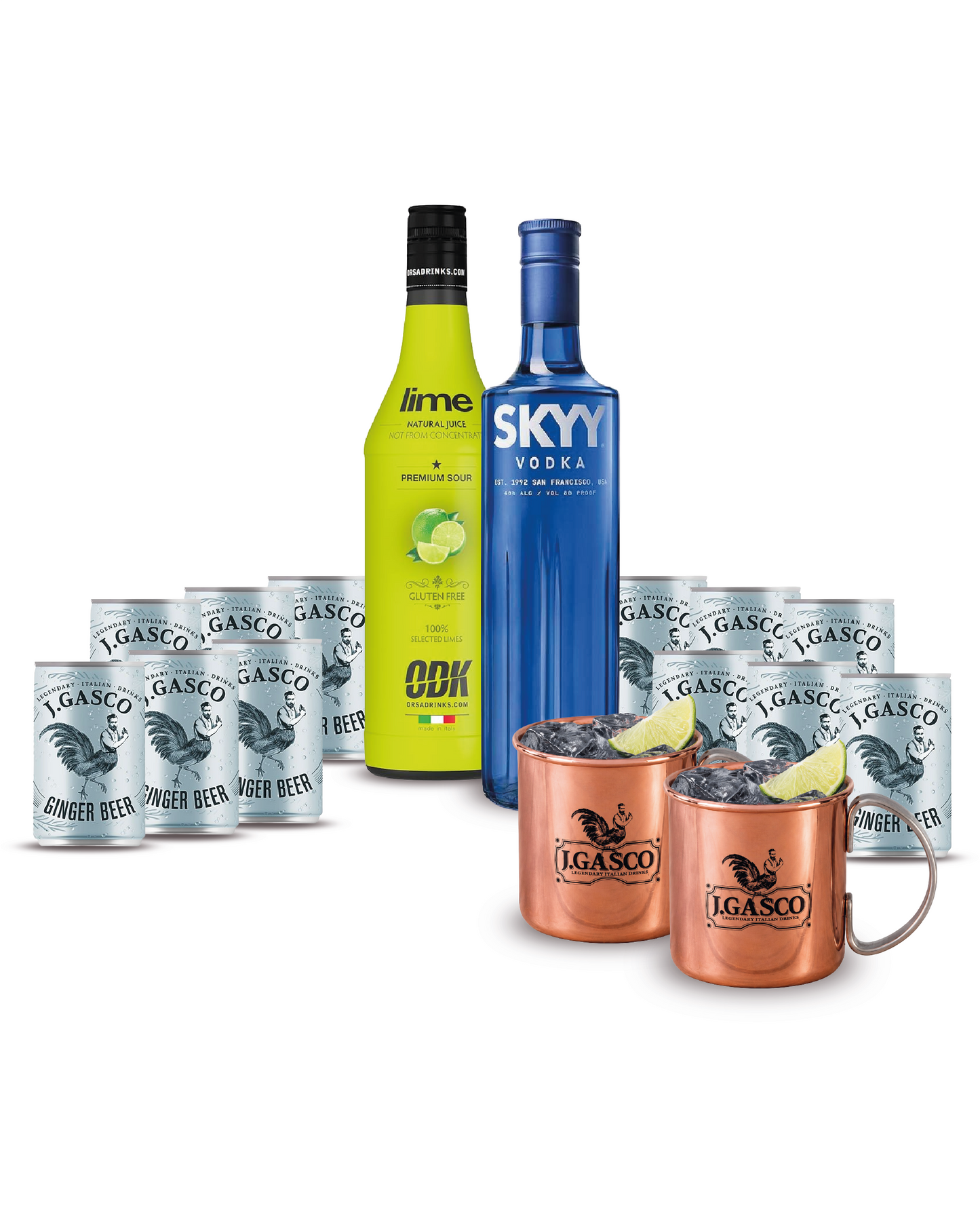 Moscow Mule kit con Skyy Vodka 70cl + ODK succo lime 75cl + 12 lattine J.Gasco Ginger beer + 2 Tazze J.Gasco