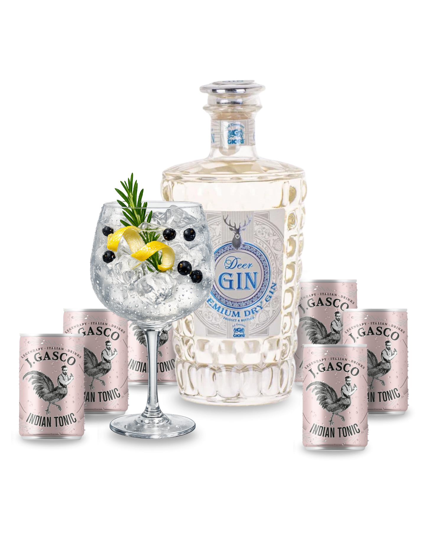 DEER GIN PREMIUM DRY 70cl + 6 lattine 15cl J.Gasco Indian Tonic omaggio + Calice