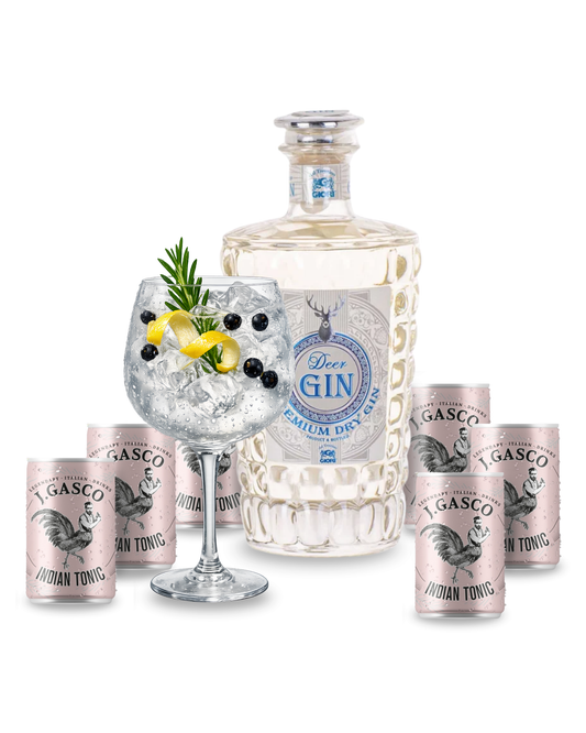 DEER GIN PREMIUM DRY 70cl + 6 lattine 15cl J.Gasco Indian Tonic omaggio + Calice